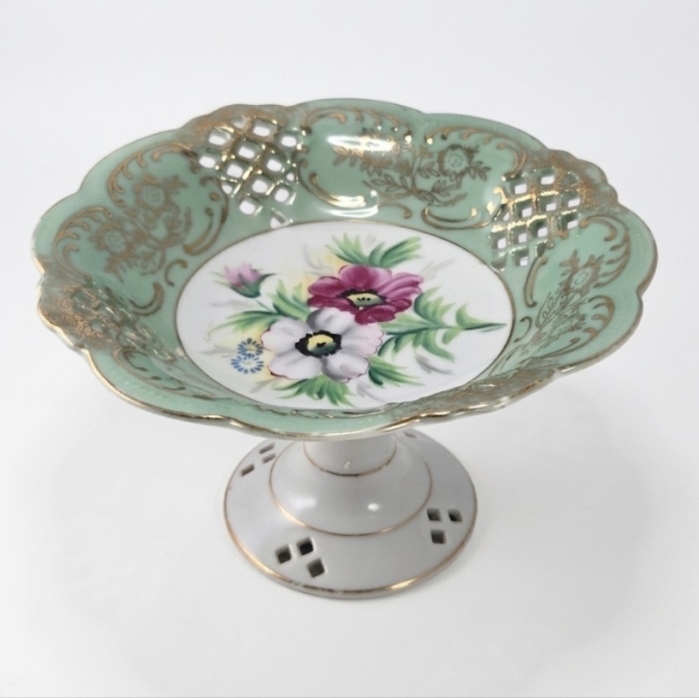 ​Vtg 50s German Lattice Porcelain Candy Bowl Seafoam Green/ Gold Gilded 58/805